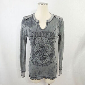 Affliction reversible thermal long sleeve tee distressed gray notch neck stitch